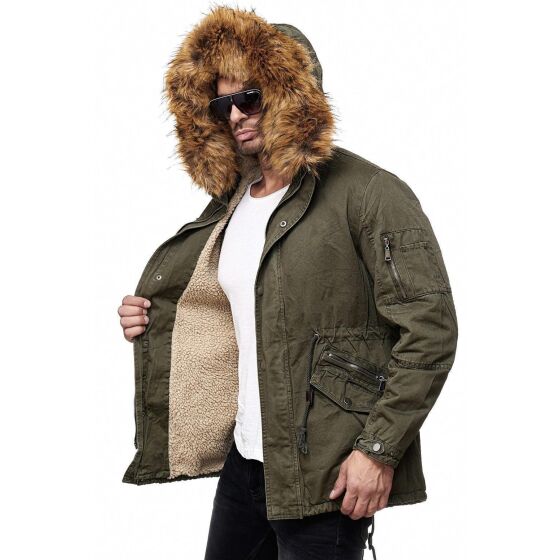 Red Bridge Mens Adventurous Parka Jacket Coat with Designer Faux Fur Lined Inside Winter Jacket Green