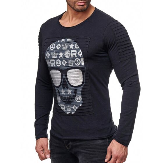 Red Bridge Mens Happy Sunny Silvery Skull Longsleeve Pullover Sweatshirt Skull Motif Black