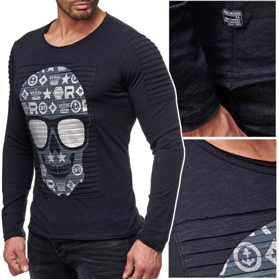 Red Bridge Mens Happy Sunny Silvery Skull Longsleeve Pullover Sweatshirt Skull Motif Black