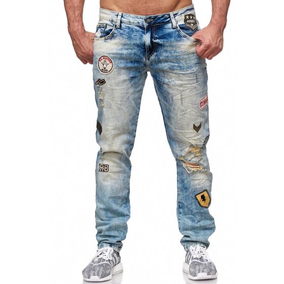 Red Bridge Mens Patches Destroyed Styler Jeans Pants Straight Denim Blue Blue