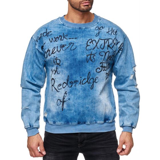 Red Bridge Herren Jeans-Look Destroyed Pullover Sweatshirt Sweater Blue Denim Blau