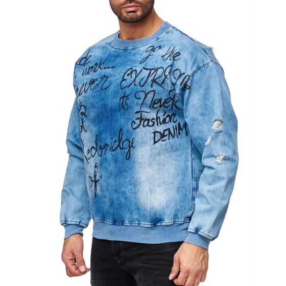 Red Bridge Herren Jeans-Look Destroyed Pullover Sweatshirt Sweater Blue Denim Blau