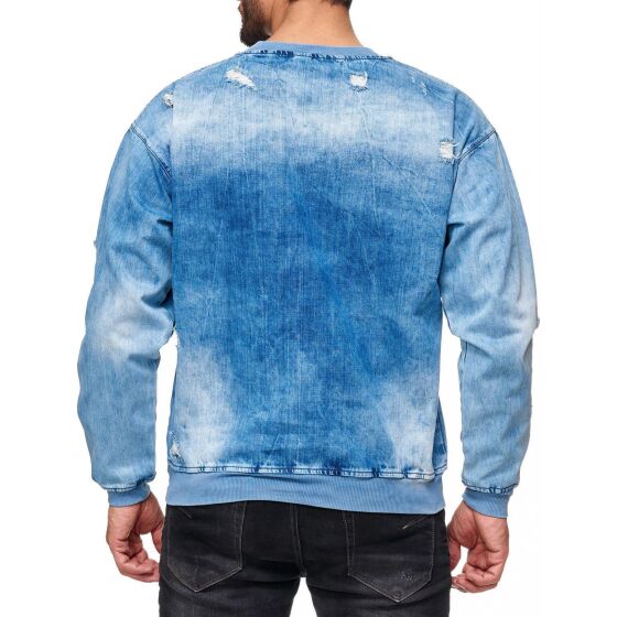 Red Bridge Mens Jeans Look Destroyed Pullover Sweatshirt Sweater Blue Denim Blue