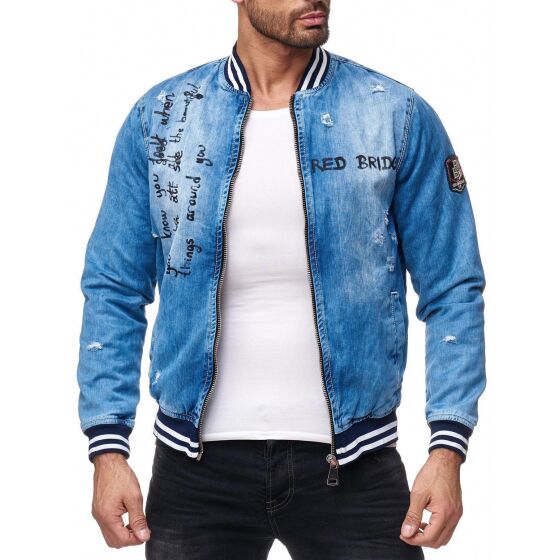 Red Bridge Mens denim jacket transition jacket college jacket summer jacket with lettering patch blue denim blue