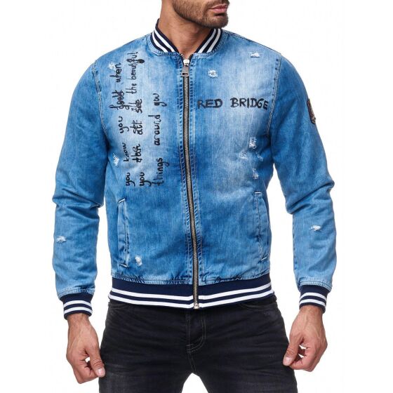 Red Bridge Mens denim jacket transition jacket college jacket summer jacket with lettering patch blue denim blue