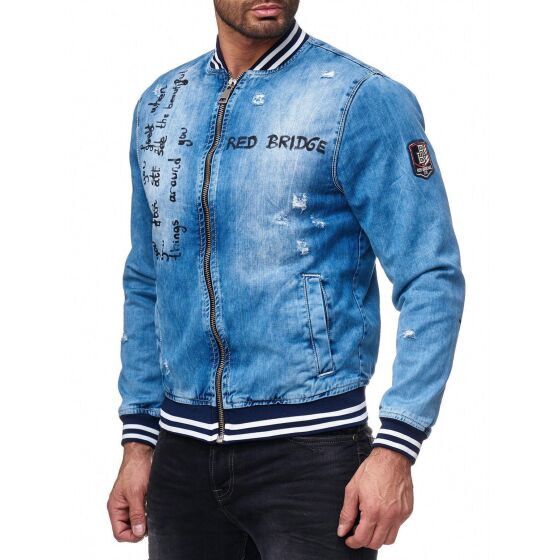 Red Bridge Mens denim jacket transition jacket college jacket summer jacket with lettering patch blue denim blue