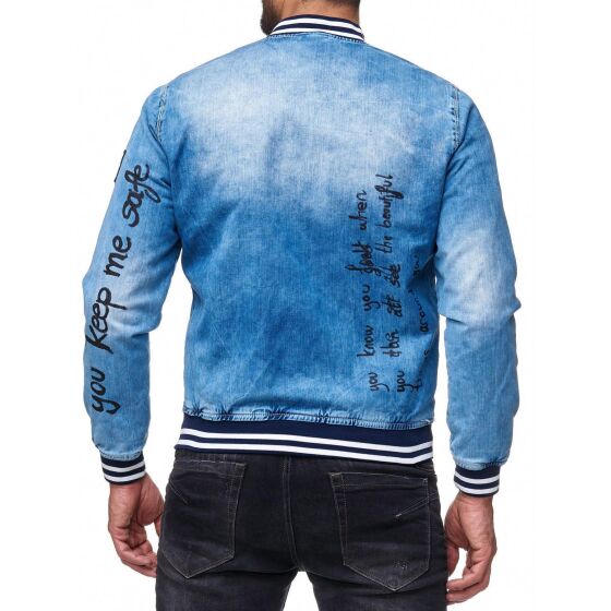 Red Bridge Mens denim jacket transition jacket college jacket summer jacket with lettering patch blue denim blue