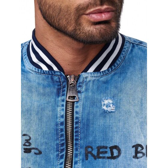 Red Bridge Mens denim jacket transition jacket college jacket summer jacket with lettering patch blue denim blue