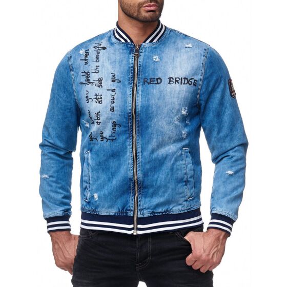 Red Bridge Mens denim jacket transition jacket college jacket summer jacket with lettering patch blue denim blue