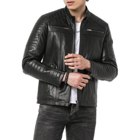 Red Bridge Mens Leather Jacket Genuine Leather Biker Jacket Black