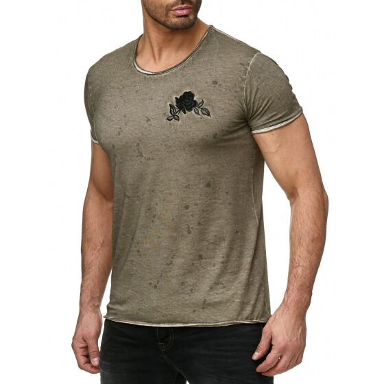 Red Bridge Herren T-Shirt Vintage Oil Washed Stiched Chest Flower