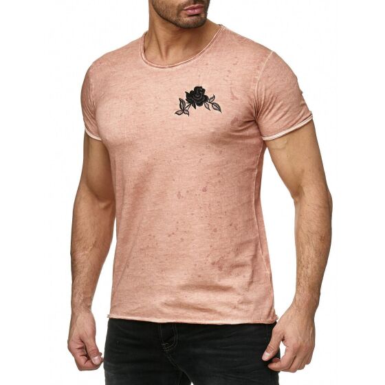 Red Bridge Mens T-Shirt Vintage Oil Washed Stiched Chest Flower Salmon Red M