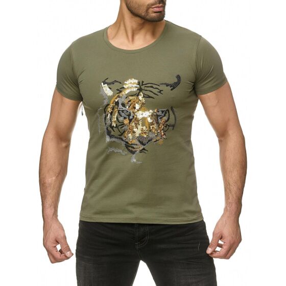 Red Bridge Mens Abstract Tiger T-Shirt with sequins