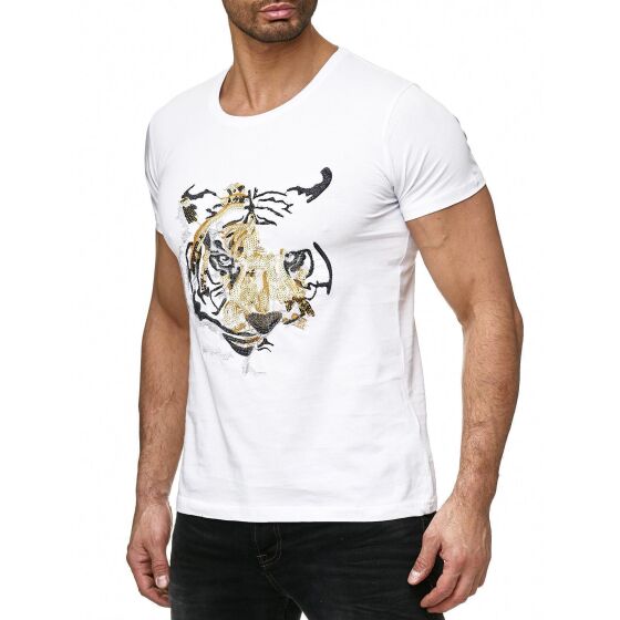 Red Bridge Mens Abstract Tiger T-Shirt with Sequins White XXL