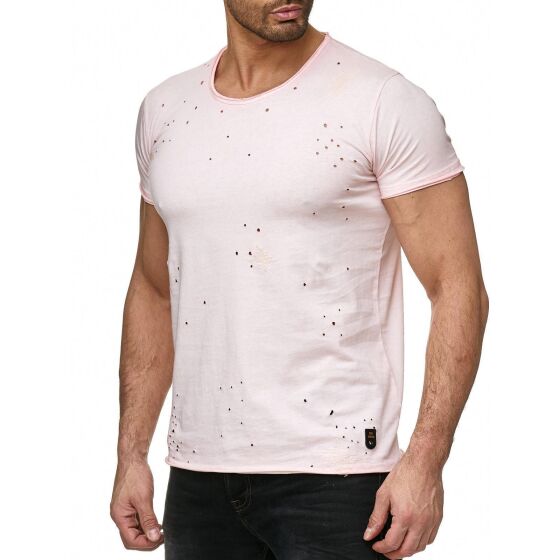 Red Bridge Mens Industry Oil Washed T-Shirt with Holes Pink XL