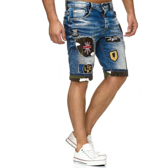 Red Bridge Herren Jeans Short Kurze Hose Denim Camouflage Patches Blau