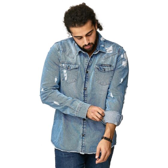 Red Bridge Mens Denim Shirt Casual Shirt Denim Destroyed