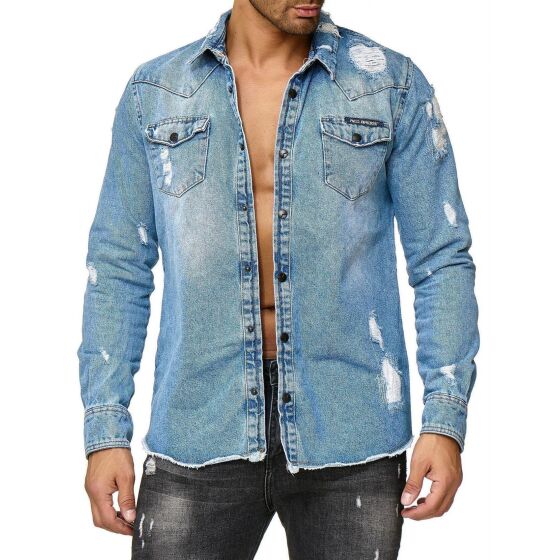 Red Bridge Mens Denim Shirt Casual Shirt Denim Destroyed