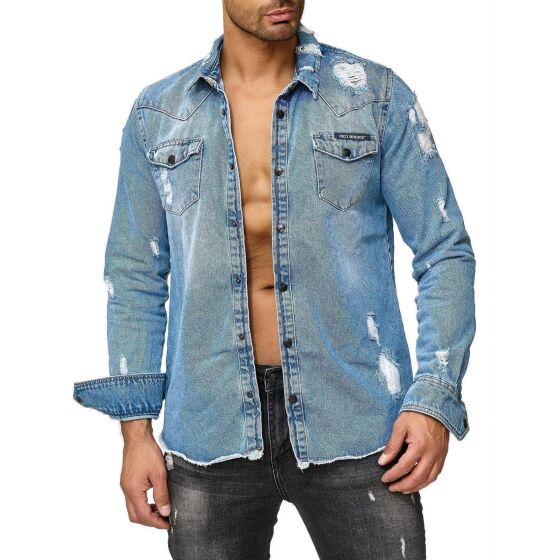 Red Bridge Mens Denim Shirt Casual Shirt Denim Destroyed