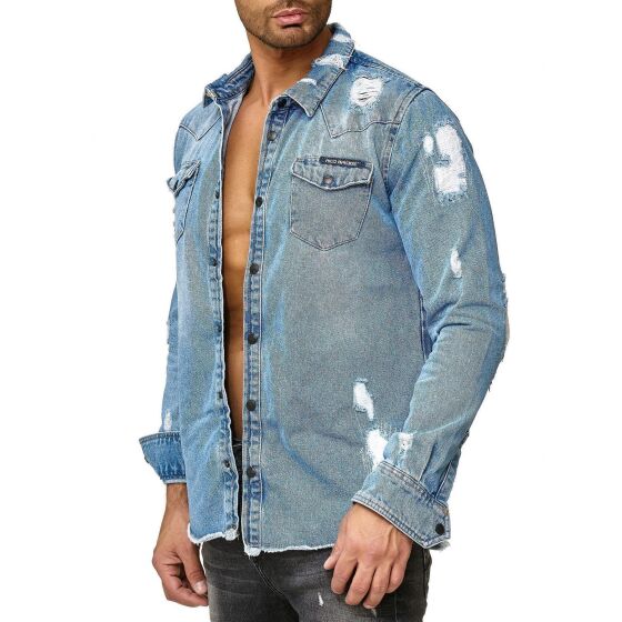 Red Bridge Mens Denim Shirt Casual Shirt Denim Destroyed