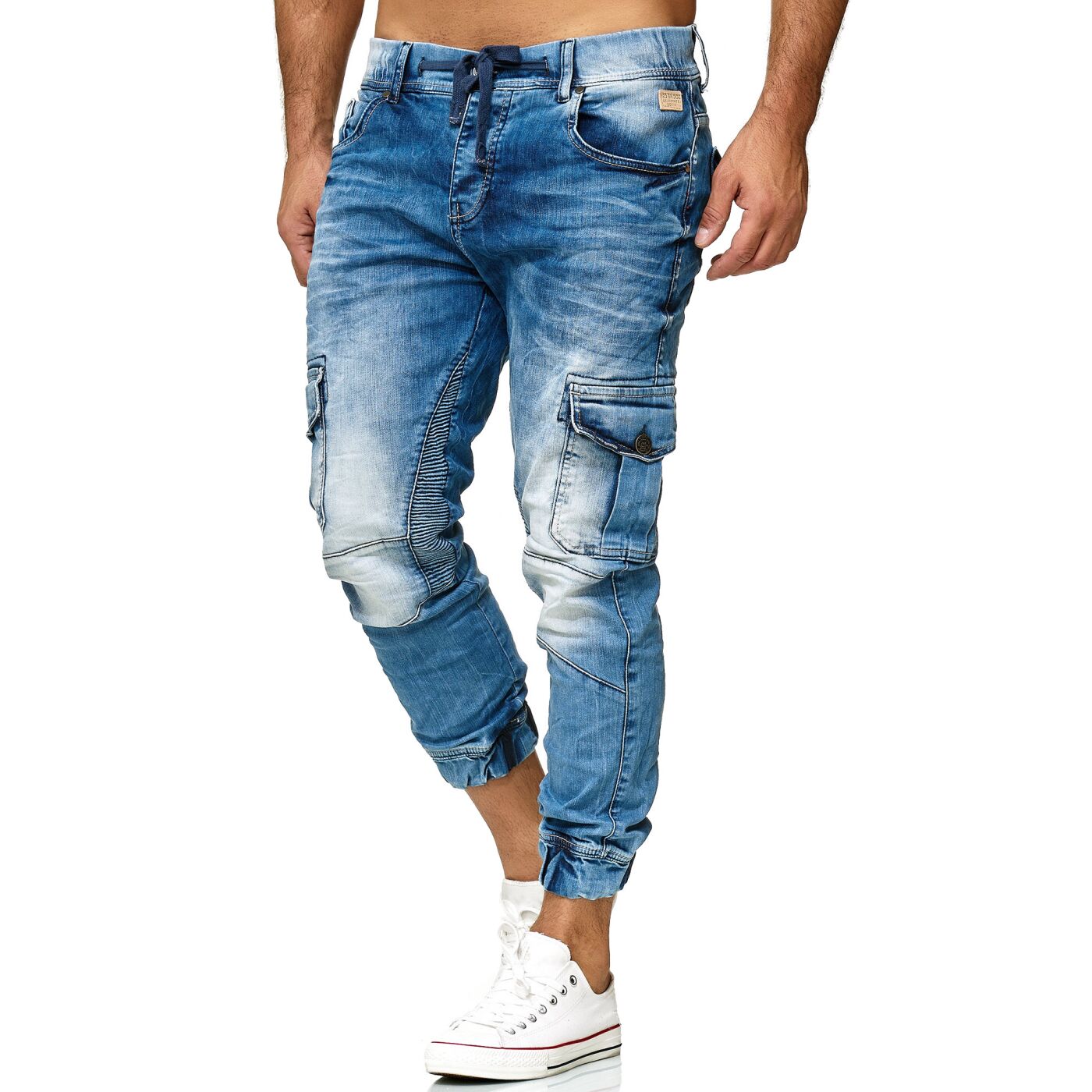 ARTFFEL Mens Casual Mid Waisted Multi-Pockets Harem Relaxed Fit Jogger Denim Jeans Pants