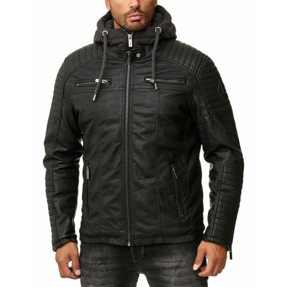 Kunstleder Bikerjacke mit Sweat-Kapuze Two in One