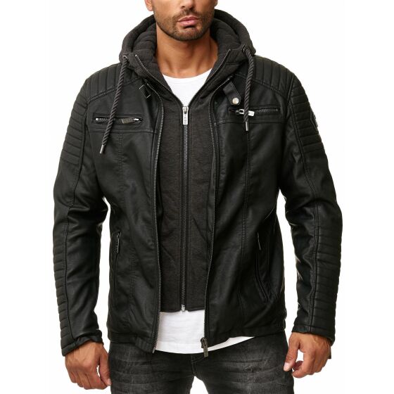 Kunstleder Bikerjacke mit Sweat-Kapuze Two in One