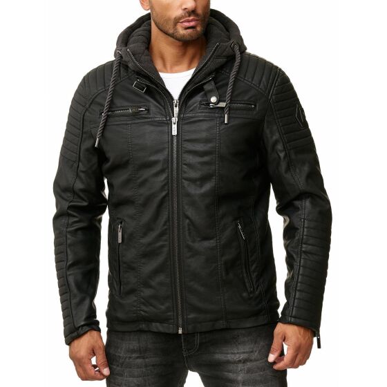 Kunstleder Bikerjacke mit Sweat-Kapuze Two in One