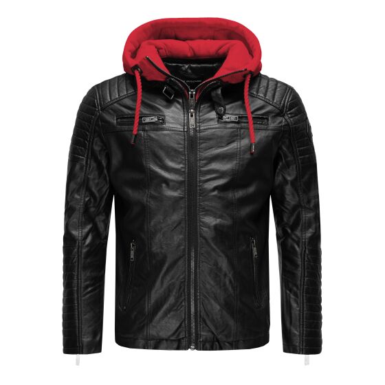 Red Bridge Mens Faux Leather Jacket Faux Leather Biker Jacket with Sweat Hood Two in One