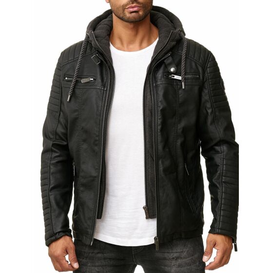 Red Bridge Mens Synthetic Leather Biker Jacket with Sweat Hood Two in One