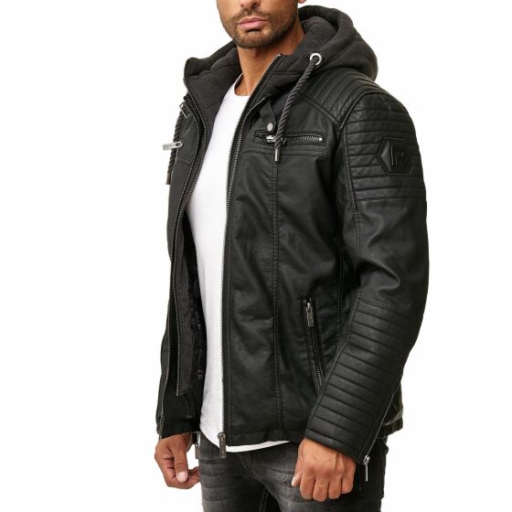 Red Bridge Mens Synthetic Leather Biker Jacket with Sweat Hood Two in One