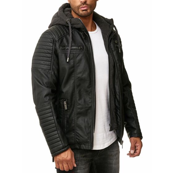 Red Bridge Mens Faux Leather Jacket Faux Leather Biker Jacket with Sweat Hood Two in One