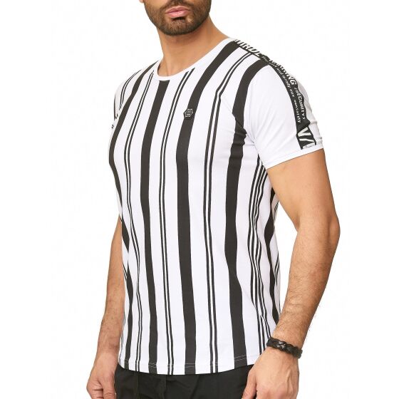 Red Bridge Mens Vertical Stripes Warning Security Logo Patch T-Shirt