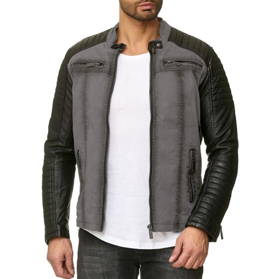 Red Bridge Mens Biker Jacket Faux Leather Jacket Gray Black