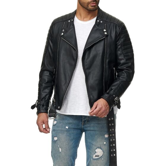 Red Bridge Mens Jacket Biker Jacket Faux Leather Jacket Classic Biker Vintage Cut with Belt
