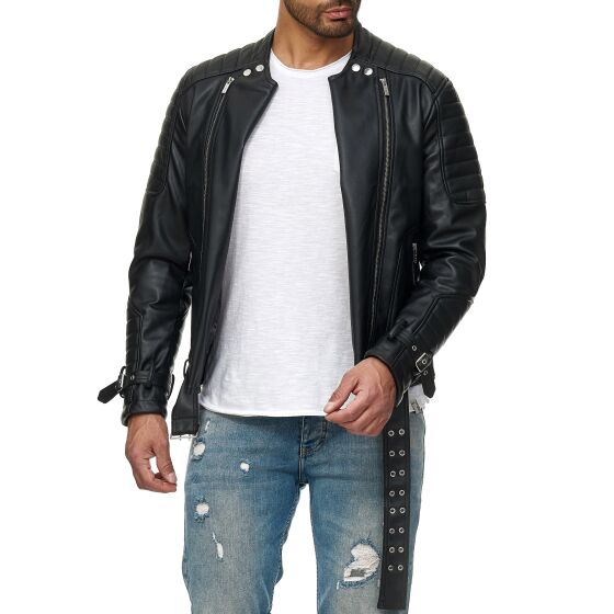 Red Bridge Mens Jacket Biker Jacket Faux Leather Jacket Classic Biker Vintage Cut with Belt