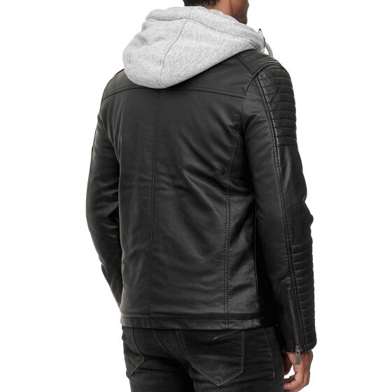 Red Bridge Herren Kunst- Lederjacke Kunstleder Bikerjacke mit Sweat- Kapuze Two in One Schwarz-Grau M