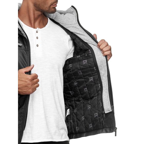 Red Bridge Herren Kunst- Lederjacke Kunstleder Bikerjacke mit Sweat- Kapuze Two in One Schwarz-Grau M