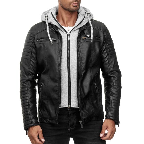 Red Bridge Herren Kunst- Lederjacke Kunstleder Bikerjacke mit Sweat- Kapuze Two in One Schwarz-Grau M
