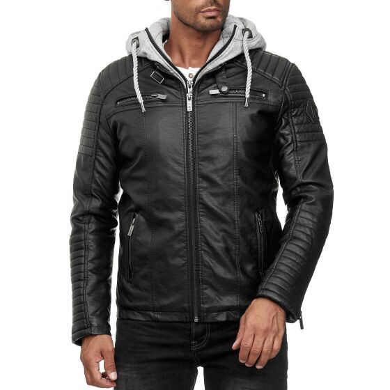 Red Bridge Herren Kunst- Lederjacke Kunstleder Bikerjacke mit Sweat- Kapuze Two in One Schwarz-Grau M