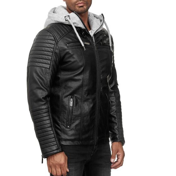 Red Bridge Herren Kunst- Lederjacke Kunstleder Bikerjacke mit Sweat- Kapuze Two in One Schwarz-Grau M
