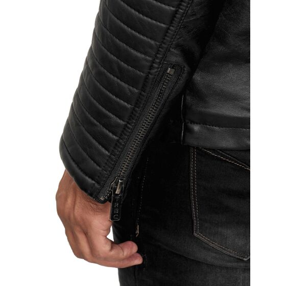 Red Bridge Mens Faux Leather Jacket Faux Leather Biker Jacket with Sweat Hood Two in One Black-Grey M