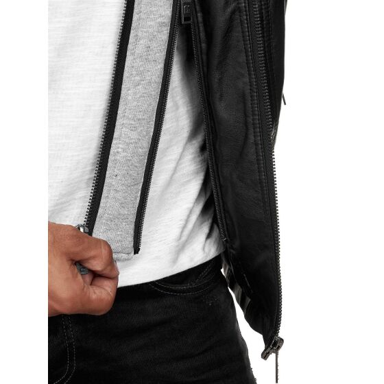 Red Bridge Mens Faux Leather Jacket Faux Leather Biker Jacket with Sweat Hood Two in One Black-Grey M