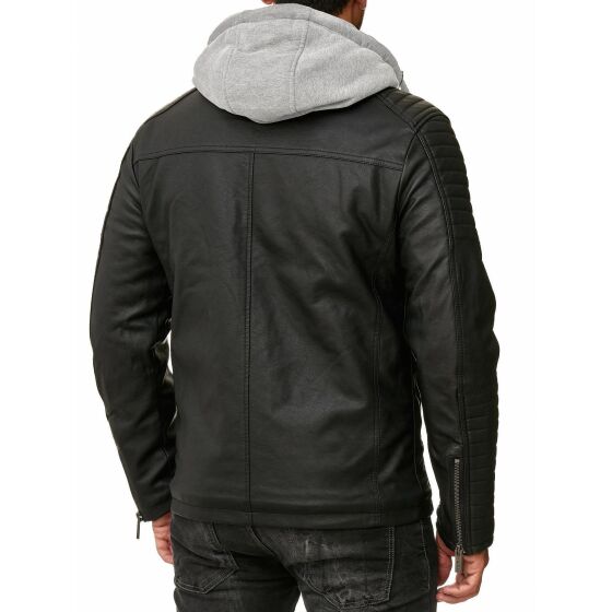 Red Bridge Mens Faux Leather Jacket Faux Leather Biker Jacket with Sweat Hood Two in One Black-Grey M