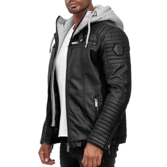 Red Bridge Mens Faux Leather Jacket Faux Leather Biker Jacket with Sweat Hood Two in One Black-Grey M