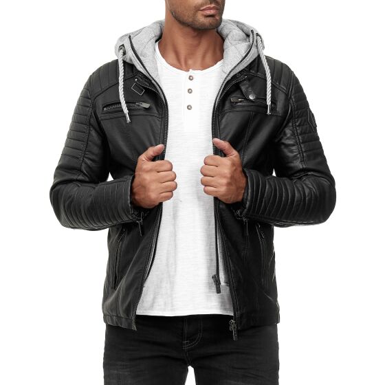 Red Bridge Mens Faux Leather Jacket Faux Leather Biker Jacket with Sweat Hood Two in One Black-Grey M