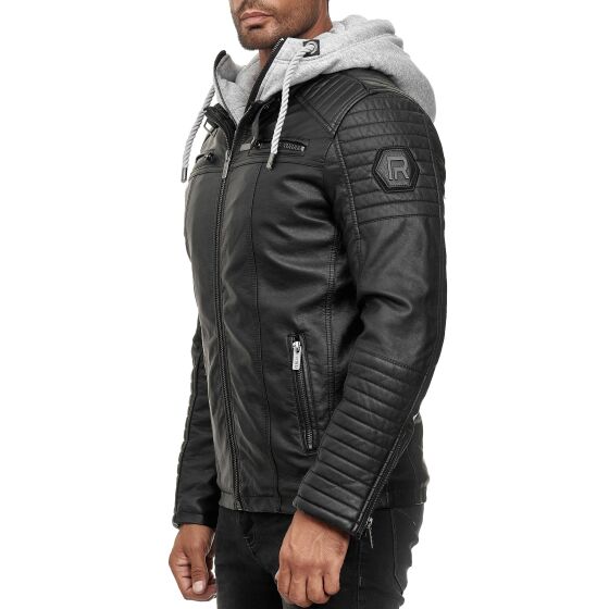 Red Bridge Mens Faux Leather Jacket Faux Leather Biker Jacket with Sweat Hood Two in One Black-Grey M