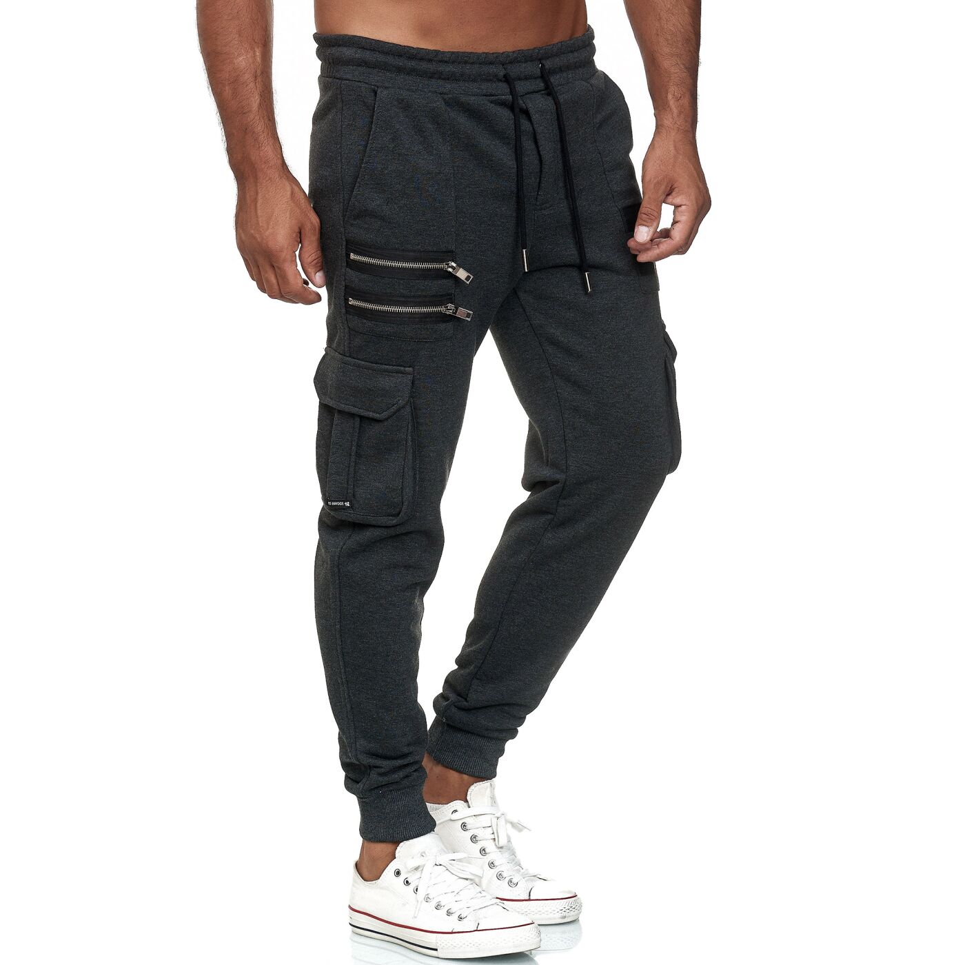 DIOTSR Men's High Ribbed Cargo Jogger Pants - Stretchy Workout Running Pants With Zipper Pockets