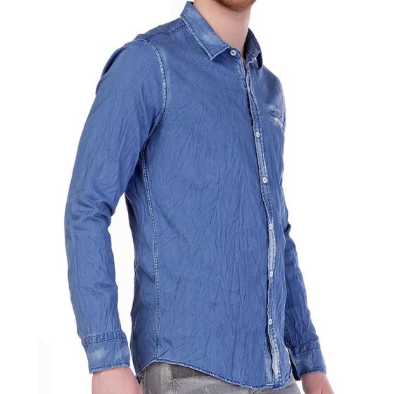 Red Bridge Mens Vintage Wrinkle Denim Shirt Blue