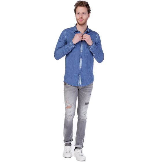 Red Bridge Mens Vintage Wrinkle Denim Shirt Blue